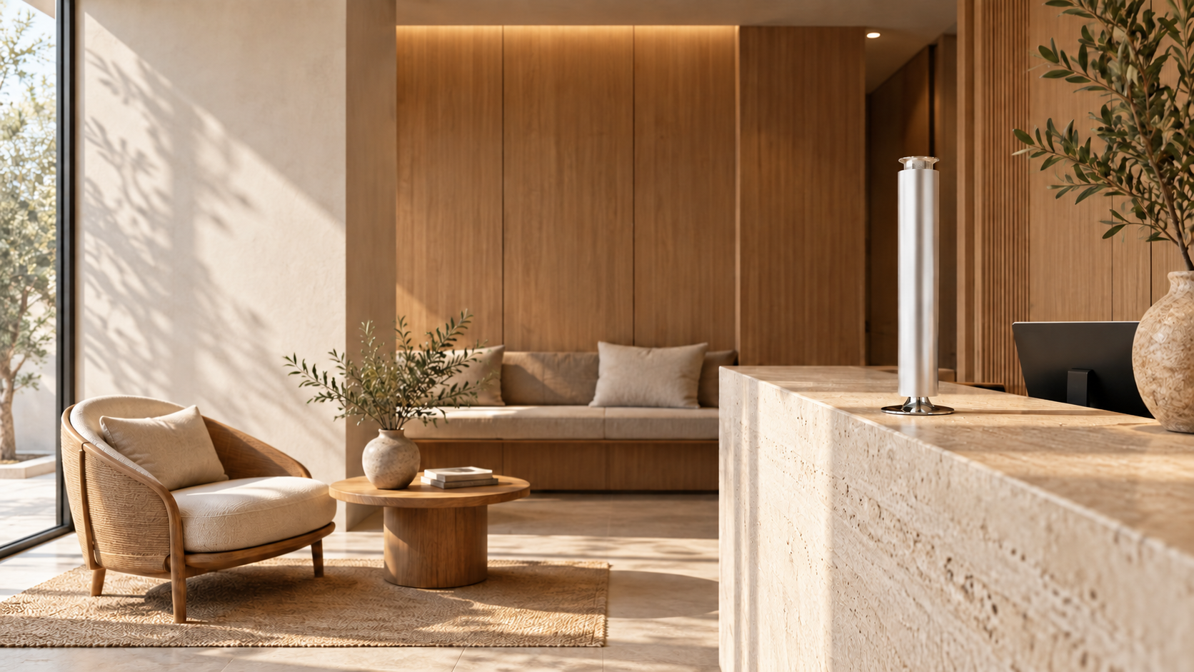 Warm reception lounge with a silver scent diffuser on a stone counter